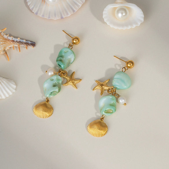 Light Luxury Beach Style Women's Stainless Steel Earrings With Pearl Shell Pendant Pvd Furnace Vacuum Real Gold Plated