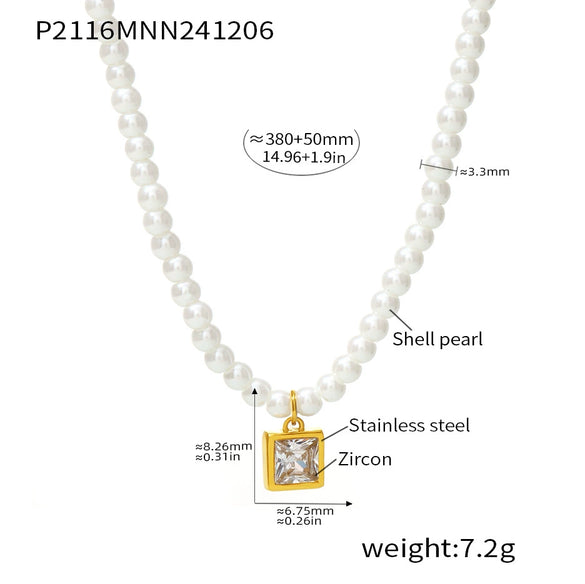 Light Luxury Beads Geometric Zircon Pendant Clavicle Necklace For Women Stainless Steel With Electroplating