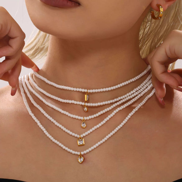 Light Luxury Beads Geometric Zircon Pendant Clavicle Necklace For Women Stainless Steel With Electroplating