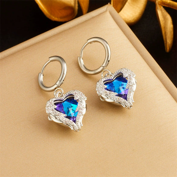 Light Luxury Blue Purple Crystal Ocean Heart Titanium Steel Necklace With Geometric Pattern And Electroplating For Women