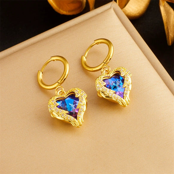 Light Luxury Blue Purple Crystal Ocean Heart Titanium Steel Necklace With Geometric Pattern And Electroplating For Women