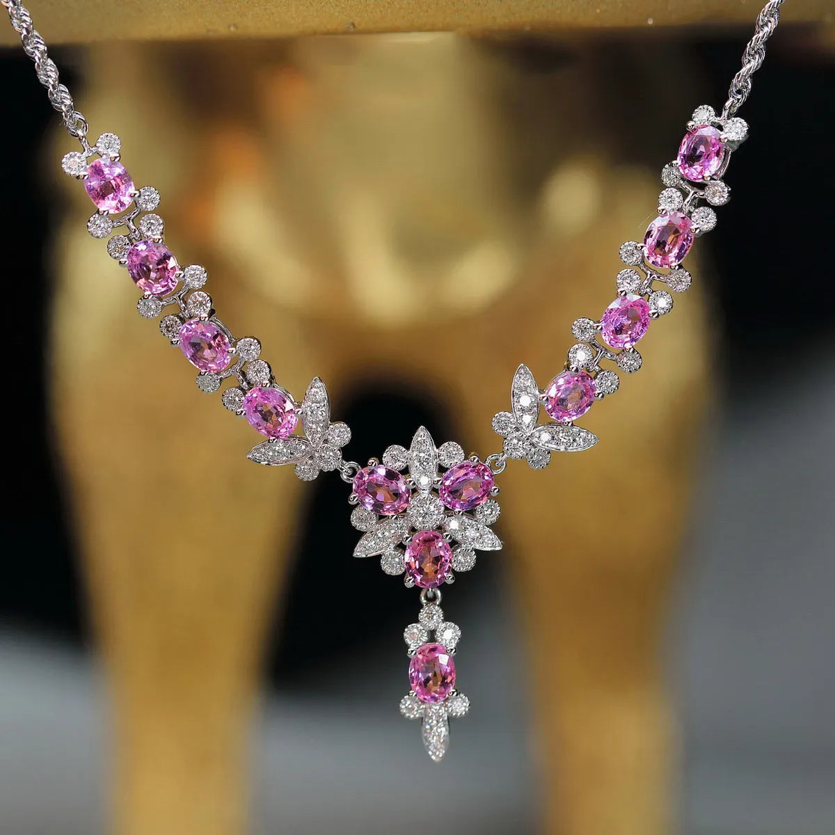 Meet Beautiful Heavy Industry Light Luxury Fairy Butterfly Full Diamond Necklace Micro-inlaid Full Diamond Luxury Argyle Pink Diamond Chain Set