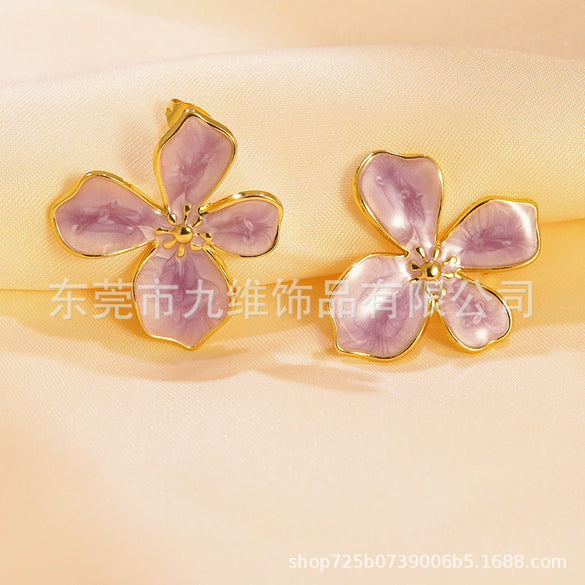 Light Luxury Colorful Flower Stainless Steel Earrings For Women With Dripping Oil Design