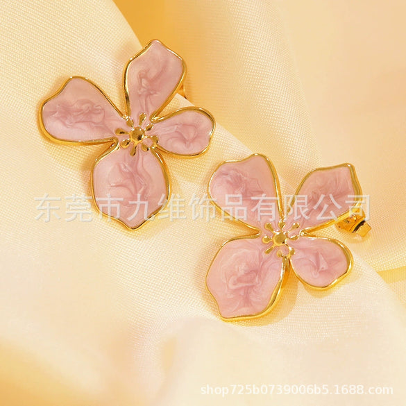 Light Luxury Colorful Flower Stainless Steel Earrings For Women With Dripping Oil Design