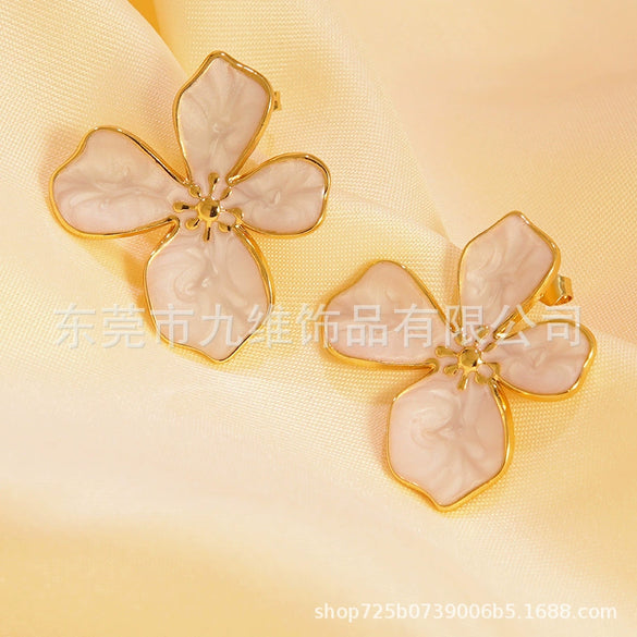 Light Luxury Colorful Flower Stainless Steel Earrings For Women With Dripping Oil Design