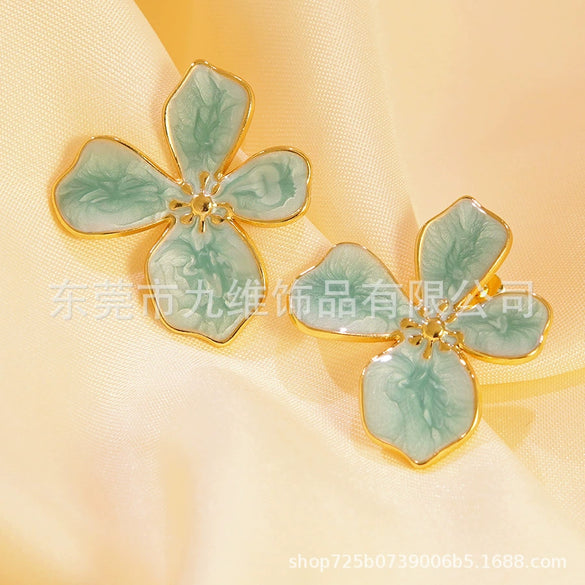 Light Luxury Colorful Flower Stainless Steel Earrings For Women With Dripping Oil Design