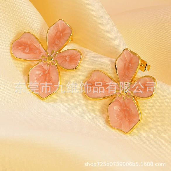 Light Luxury Colorful Flower Stainless Steel Earrings For Women With Dripping Oil Design