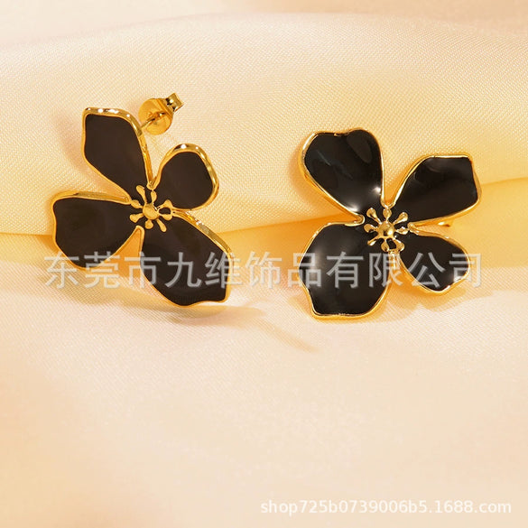 Light Luxury Colorful Flower Stainless Steel Earrings For Women With Dripping Oil Design