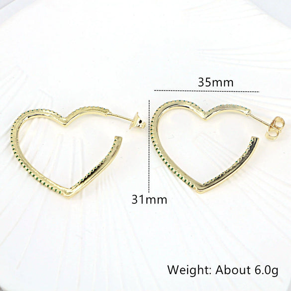 Light Luxury Copper Heart Shaped Earrings With Micro Inlaid Zircon And Gold Tone Diamond Style Design