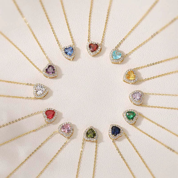 Light Luxury Copper Heart Shaped Necklace Inlaid With Colored Diamonds And Twelve Birthstones Zirconia Design O Word Chain
