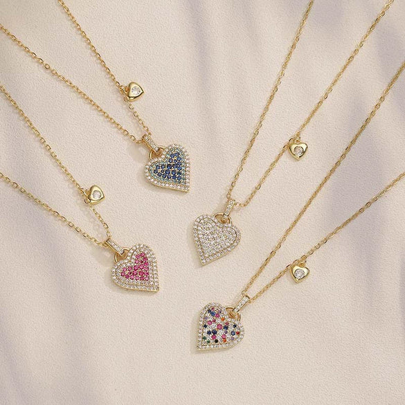 Light Luxury Copper Heartshaped Pendant Necklace With Colored Diamond Insert And Zirconia