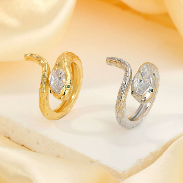 Light Luxury Copper Inlaid Zircon Snake Zodiac Open Ring Minimalist Animal Style Electroplated Women's Fashion Jewelry