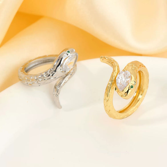 Light Luxury Copper Inlaid Zircon Snake Zodiac Open Ring Minimalist Animal Style Electroplated Women's Fashion Jewelry