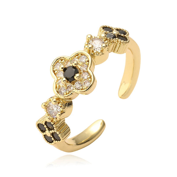 Light Luxury Copper Inlaid Zirconia Four Leaf Clover Flower Petal Opening Adjustable Women's Ring