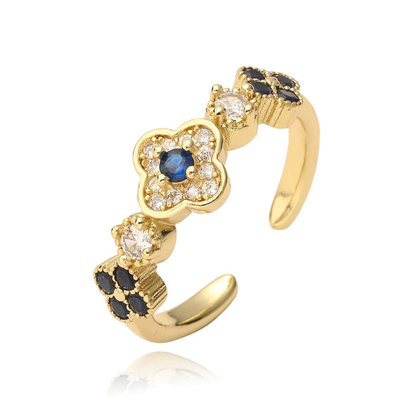 Light Luxury Copper Inlaid Zirconia Four Leaf Clover Flower Petal Opening Adjustable Women's Ring