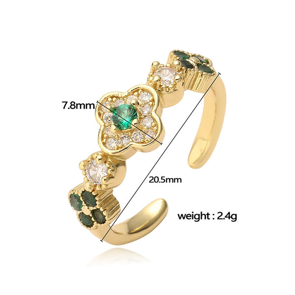 Light Luxury Copper Inlaid Zirconia Four Leaf Clover Flower Petal Opening Adjustable Women's Ring