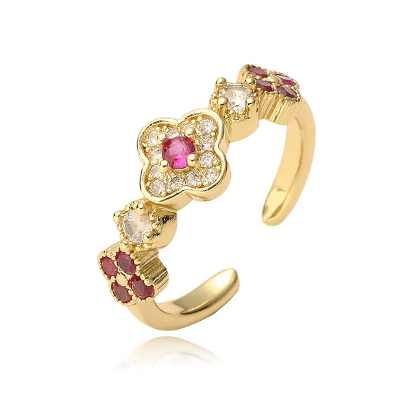 Light Luxury Copper Inlaid Zirconia Four Leaf Clover Flower Petal Opening Adjustable Women's Ring
