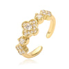 Light Luxury Copper Inlaid Zirconia Four Leaf Clover Flower Petal Opening Adjustable Women's Ring