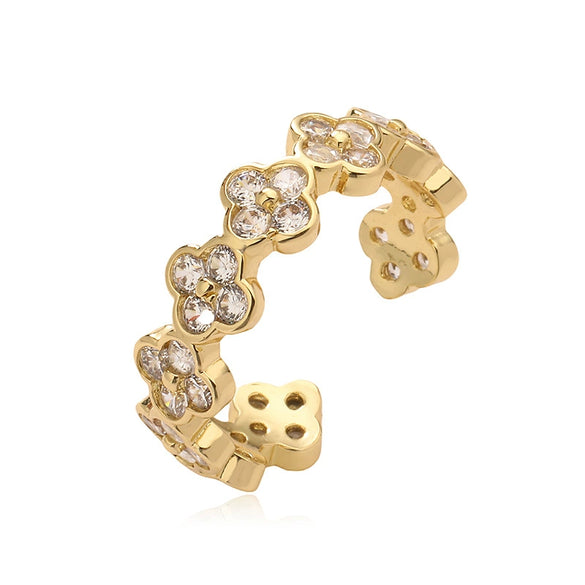 Light Luxury Copper Insert Zirconia Four Leaf Clover Opening Adjustable Ladies Ring With Geometric Pattern