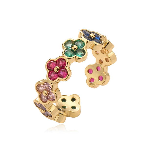Light Luxury Copper Insert Zirconia Four Leaf Clover Opening Adjustable Ladies Ring With Geometric Pattern