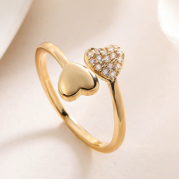 Light Luxury Copper Plated 18K Gold Zircon Love Leaf Opening Ring For Women With Geometric Pattern