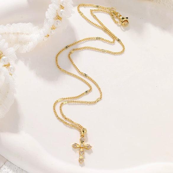Light Luxury Copper Plated Real Gold Zircon Cross Pendant Women's Necklace