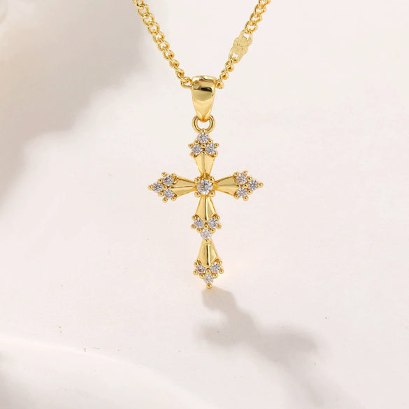Light Luxury Copper Plated Real Gold Zircon Cross Pendant Women's Necklace
