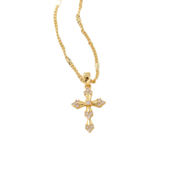 Light Luxury Copper Plated Real Gold Zircon Cross Pendant Women's Necklace