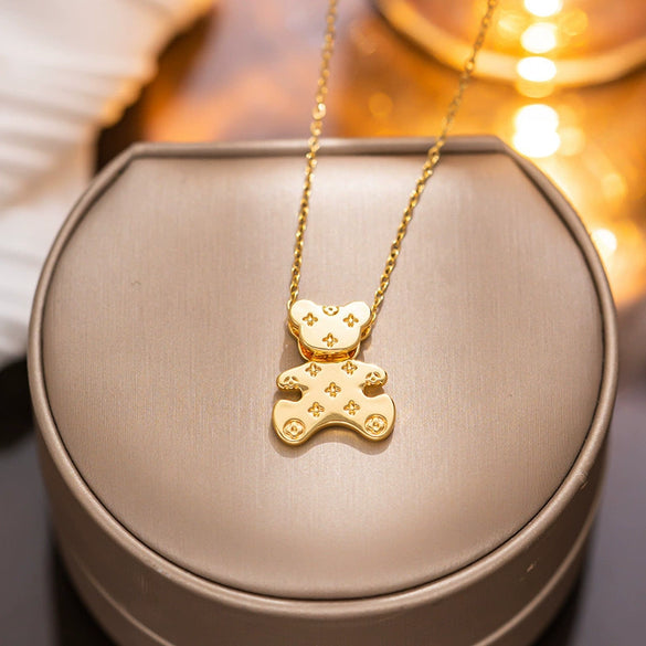 Light Luxury Cute Movable Bear Titanium Steel Necklace For Women With Geometric Design And Electroplating