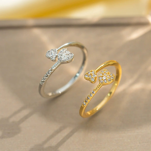 Light Luxury Design Women's Opening Adjustable Copper Ring With Full Diamond Inlaid Zircon Electroplated Heart Shape And Geometric Animal Zodiac Pattern