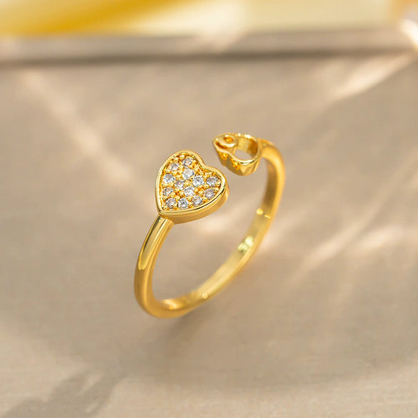 Light Luxury Design Women's Opening Adjustable Copper Ring With Full Diamond Inlaid Zircon Electroplated Heart Shape And Geometric Animal Zodiac Pattern