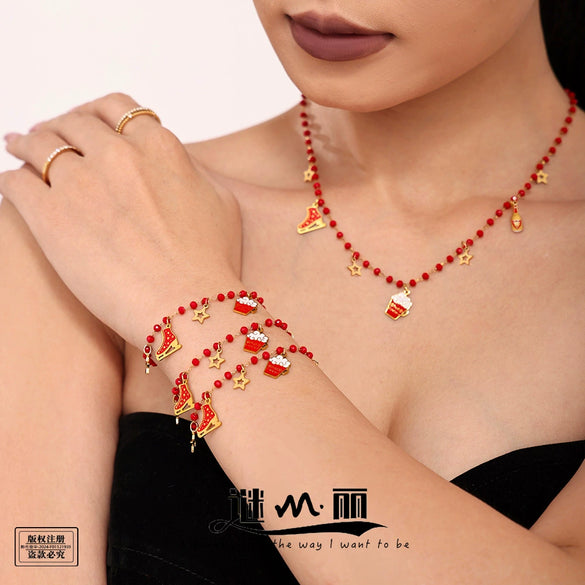 Light Luxury Electroplated Garnet Beaded Geometric Stainless Steel Jewelry Set For Women With Necklace And Earrings