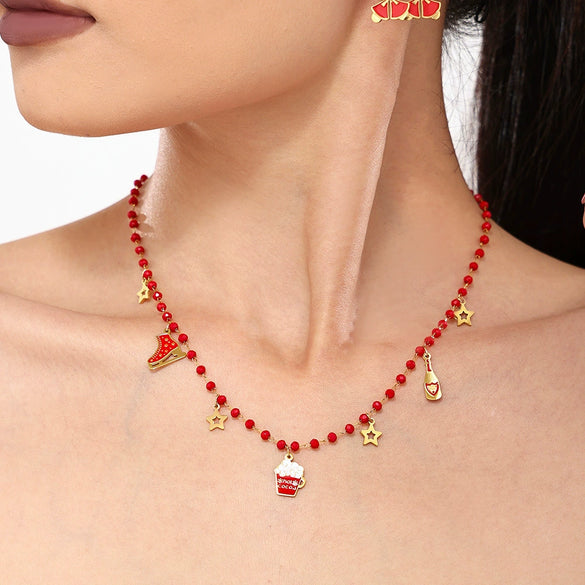 Light Luxury Electroplated Garnet Beaded Geometric Stainless Steel Jewelry Set For Women With Necklace And Earrings
