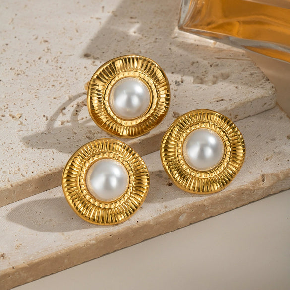 Light Luxury Elegant Lace Pearl Stainless Steel Jewelry Earrings And Ring With Geometric Pattern Electroplating