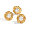 Light Luxury Elegant Lace Pearl Stainless Steel Jewelry Earrings And Ring With Geometric Pattern Electroplating