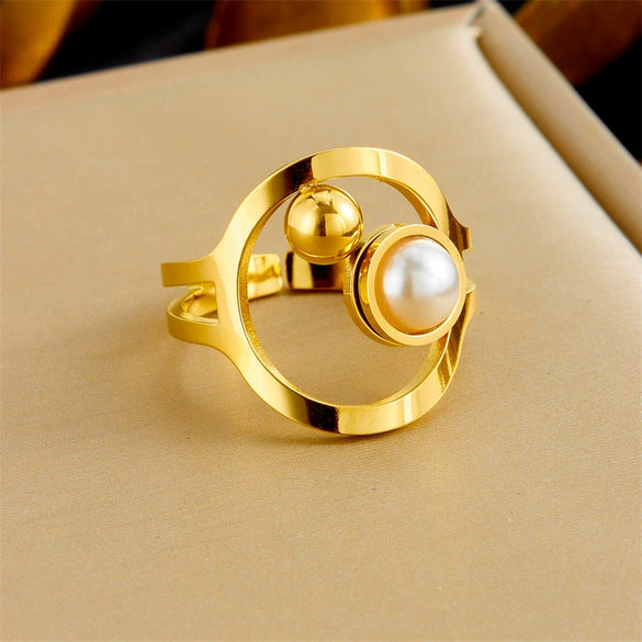 Light Luxury Elegant Round Pearl Stainless Steel Snake Bone Chain Double Layer Overlapping Necklace Earrings Ring Set With Electroplating For Women