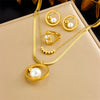 Light Luxury Elegant Round Pearl Stainless Steel Snake Bone Chain Double Layer Overlapping Necklace Earrings Ring Set With Electroplating For Women