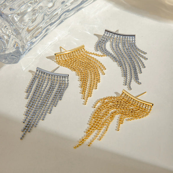 Light Luxury Elegant Stainless Steel Multilayer Small Round Bead Tassel Geometric Earrings Jewelry For Women With Electroplating