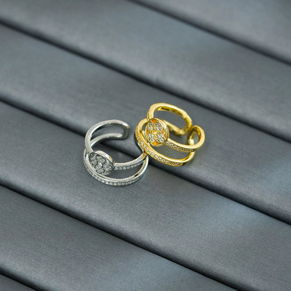 Light Luxury Exquisite Copper Zircon Double Layer Four Leaf Clover Finger Ring With Diamond Processing For Women