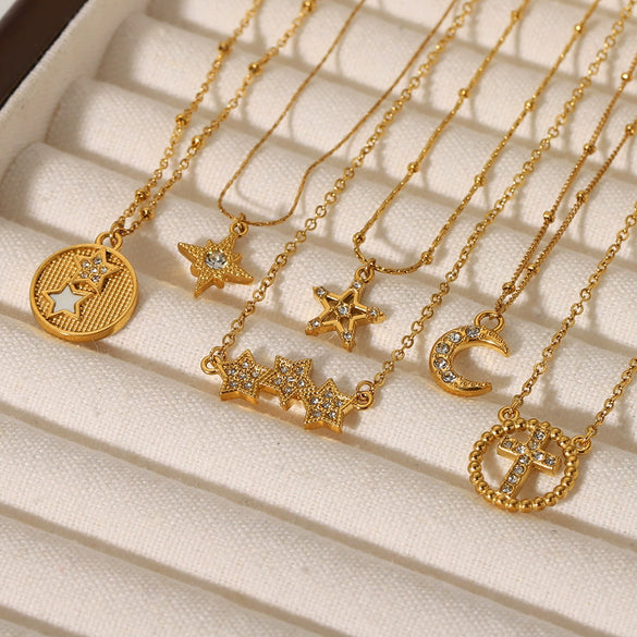 Light Luxury Fashion Zircon Stainless Steel Star Moon Pendant Necklace With Electroplating