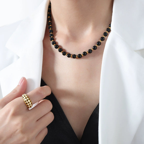 Light Luxury Geometric Black Agate Handmade Titanium Steel Ball Necklace Unisex