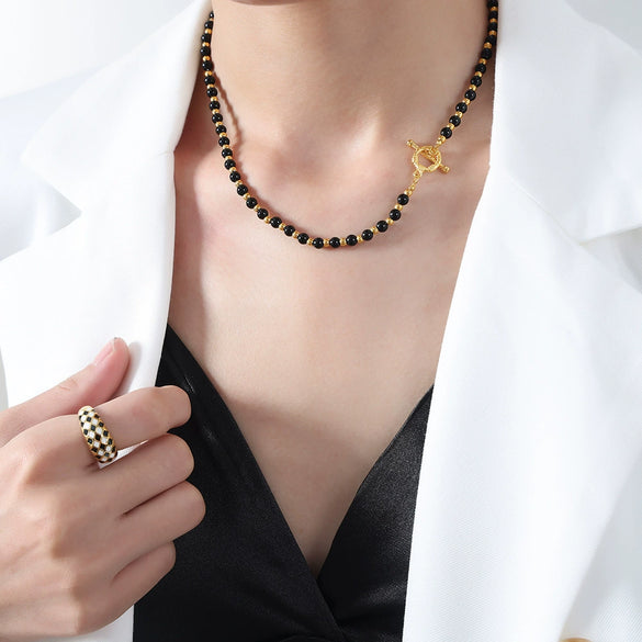 Light Luxury Geometric Black Agate Handmade Titanium Steel Ball Necklace Unisex