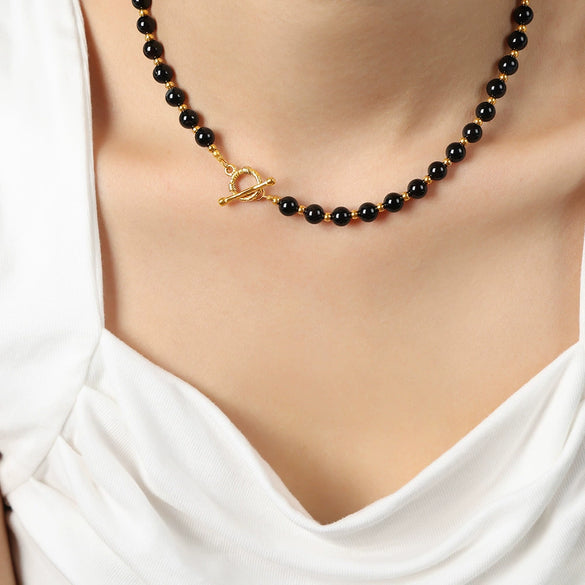 Light Luxury Geometric Black Agate Handmade Titanium Steel Ball Necklace Unisex