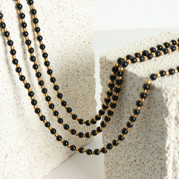 Light Luxury Geometric Black Agate Handmade Titanium Steel Ball Necklace Unisex