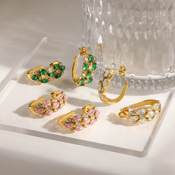 Light Luxury Geometric C Shaped Stainless Steel Earrings For Women With Colored Stone Inlay And Pvd Real Gold Plated Hook Design