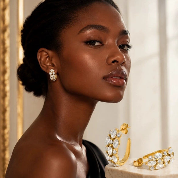 Light Luxury Geometric C Shaped Stainless Steel Earrings For Women With Colored Stone Inlay And Pvd Real Gold Plated Hook Design