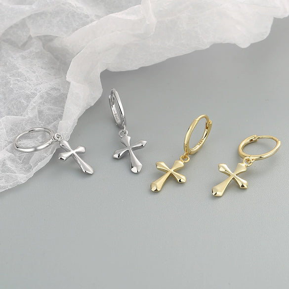 Light Luxury Geometric Cross Earrings For Women In Electroplated 925 Sterling Silver With Gold Tone Finish