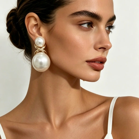 Light Luxury Geometric Double Pearl Drop Earrings With Electroplated Alloy Design And Stainless Steel Posts For Women