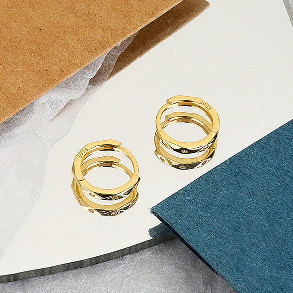Light Luxury Geometric Face Stud Earrings In S925 Sterling Silver With Electroplated Gold Finish And Diamond Accent Punk Style Jewelry