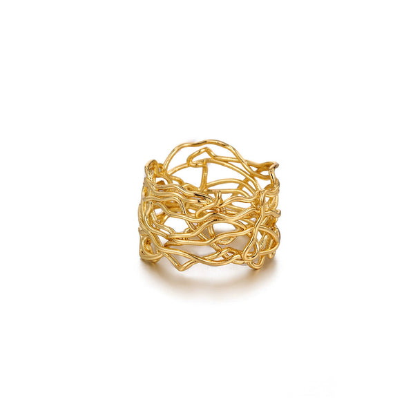 Light Luxury Geometric Irregular Lines Hollow Wide Ring Inlaid With Gold Stainless Steel Ring For Women